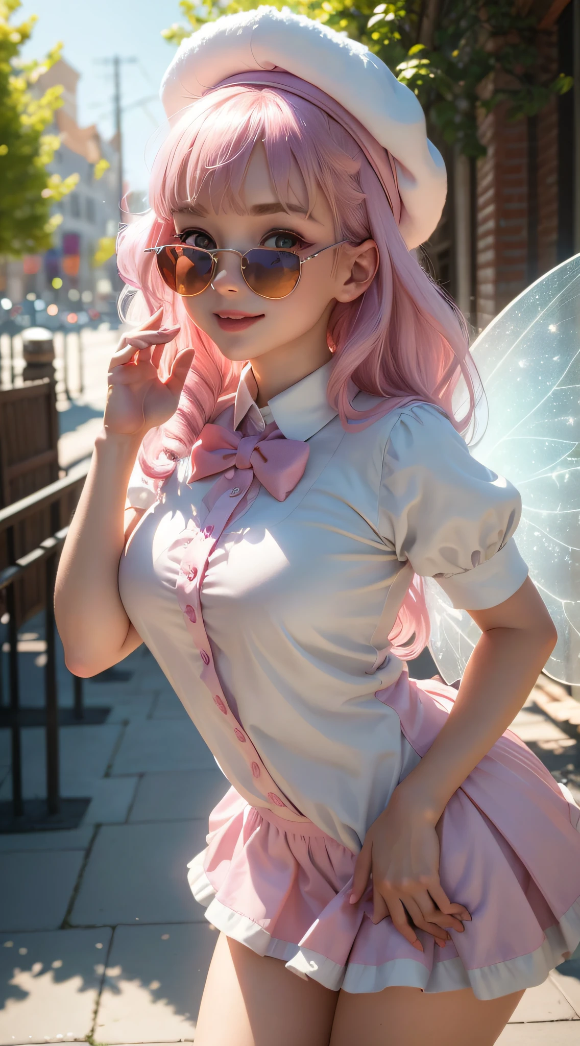 a super cute  pixar style white fairy rabbit,shiny snowwhite fluffy,big bright eyes,fluffy tail,Wearing pink School uniforms,wearing Light pink a Mortarboard cap and sunglasses,smile,delicate and fine,fairy tales,incredibly high detailed,pixar style,bright color,natural light,simple background with pure color,5 and octane render,trending on artstation,gorgeous,ultra wide angle,50M,hd realistic,5OMhd realistic