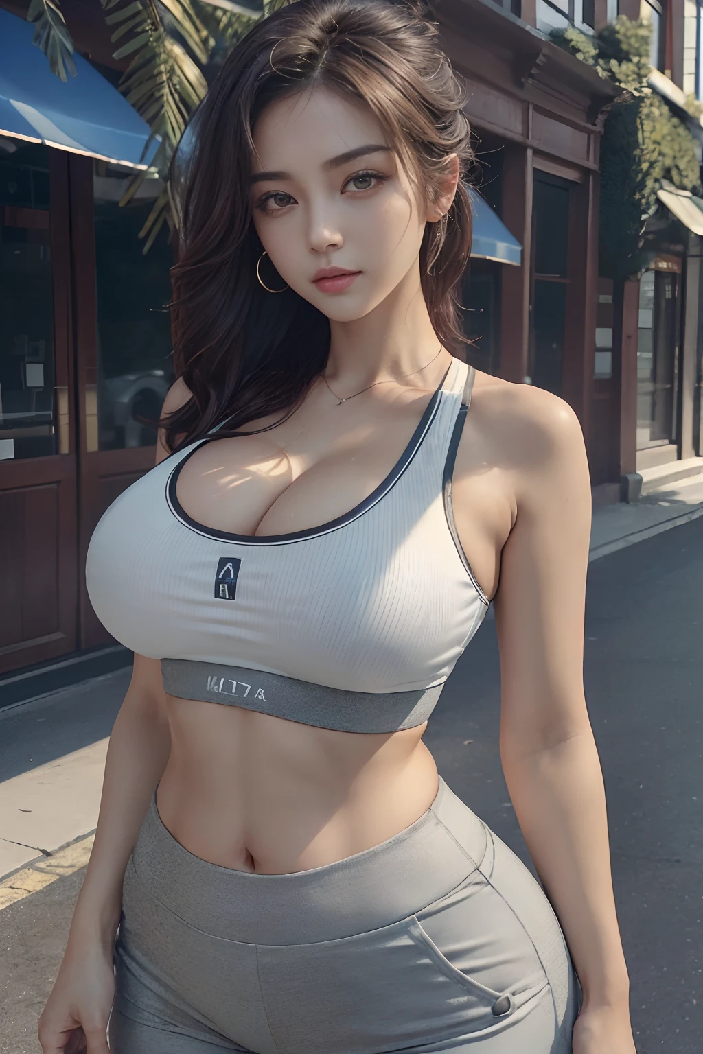 (1girll), ((Sports bra, Pants:1.3)), ((massive Breasts, spilled breasts, Rounded breasts:1.3)), ((Protruding cleavage breasts, large pelvic, Wide buttock, midriff, Narrow waist, curvy waist, coalescence:1.2)), ((Slim, Slimming the waist:1.3)), modern haircut, colour streaked hair, high light, ((Sweaty)), ((sexyposture:1.3)), ((Wide hips)),
Masterpiece, Best quality, Realistic, 超高分辨率, Depth of field, (Detailed face:1.2), (Detailed eyes:1.2), (Detailed background), (Masterpiece:1.2), (Ultra detailed), (Best quality), Intricate, comprehensive cinematic, Photography, (gradients), Colorful, Detailed landscape, visual key, Shiny skin,Full body photo,Long legs,Exquisite facial features