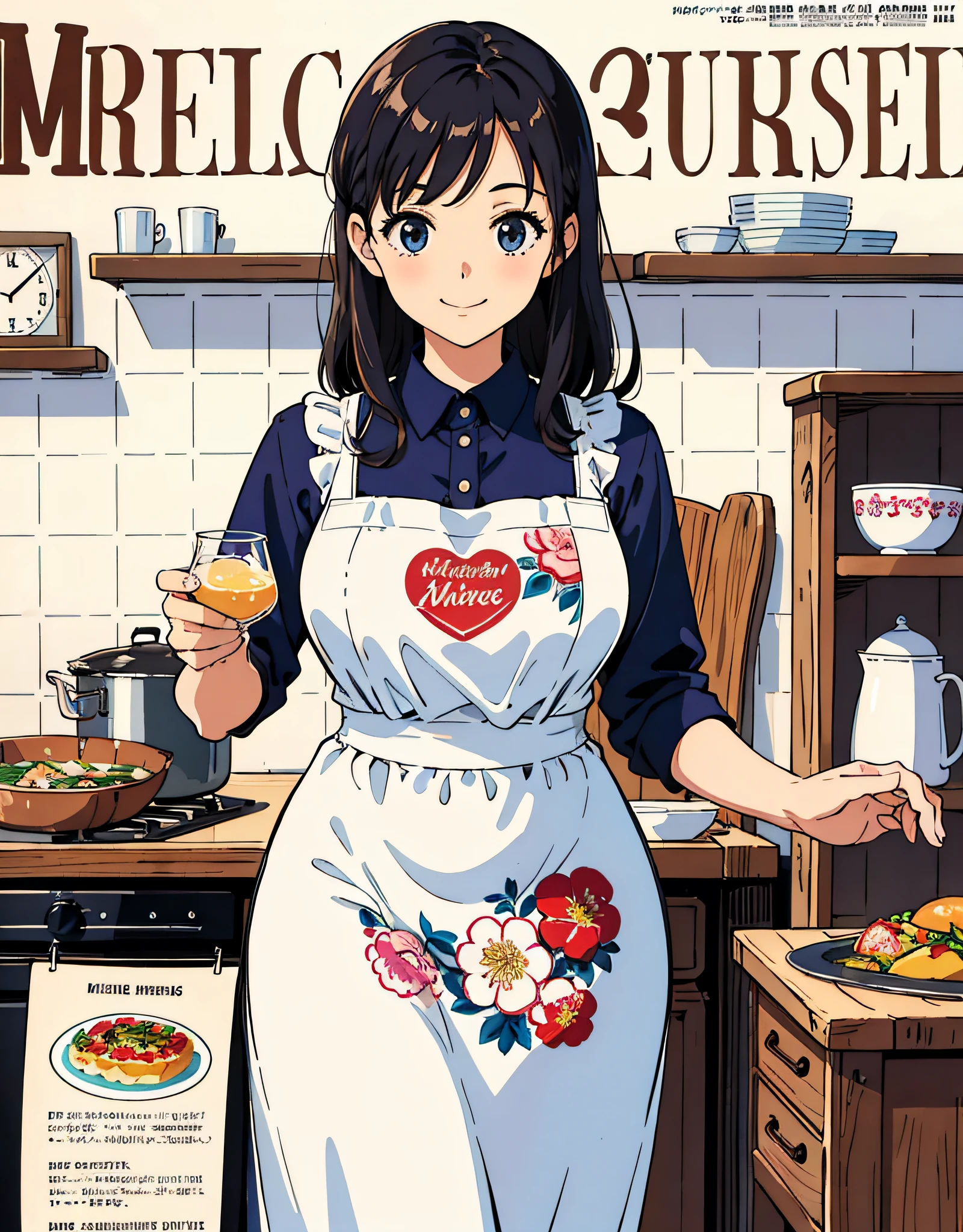 (Best Quality, Masterpiece), Front cover of a women's cooking magazine, 1girl, 30 years old, stunning, cute, heartwarming smile, hourglass figure, wearing floral dress, pinny apron, beautiful food, text, diagrams, advertisements, magazine title