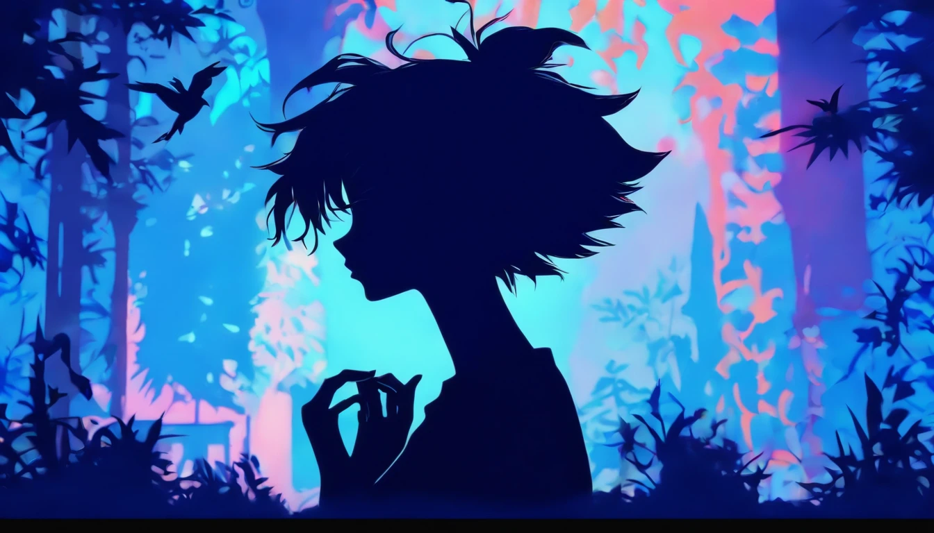 (Silhouette Art,cutouts:1.6) (((Paper cutting art,A world where only black exists:1.3) (Cowboy Shot),1 girl,Solo, (,Girl sitting at desk in room with clock, profile:1.2),white, Clear and beautiful face,inspired by Yuumei、Romper (Blue water) Textured glass background,Arcana World