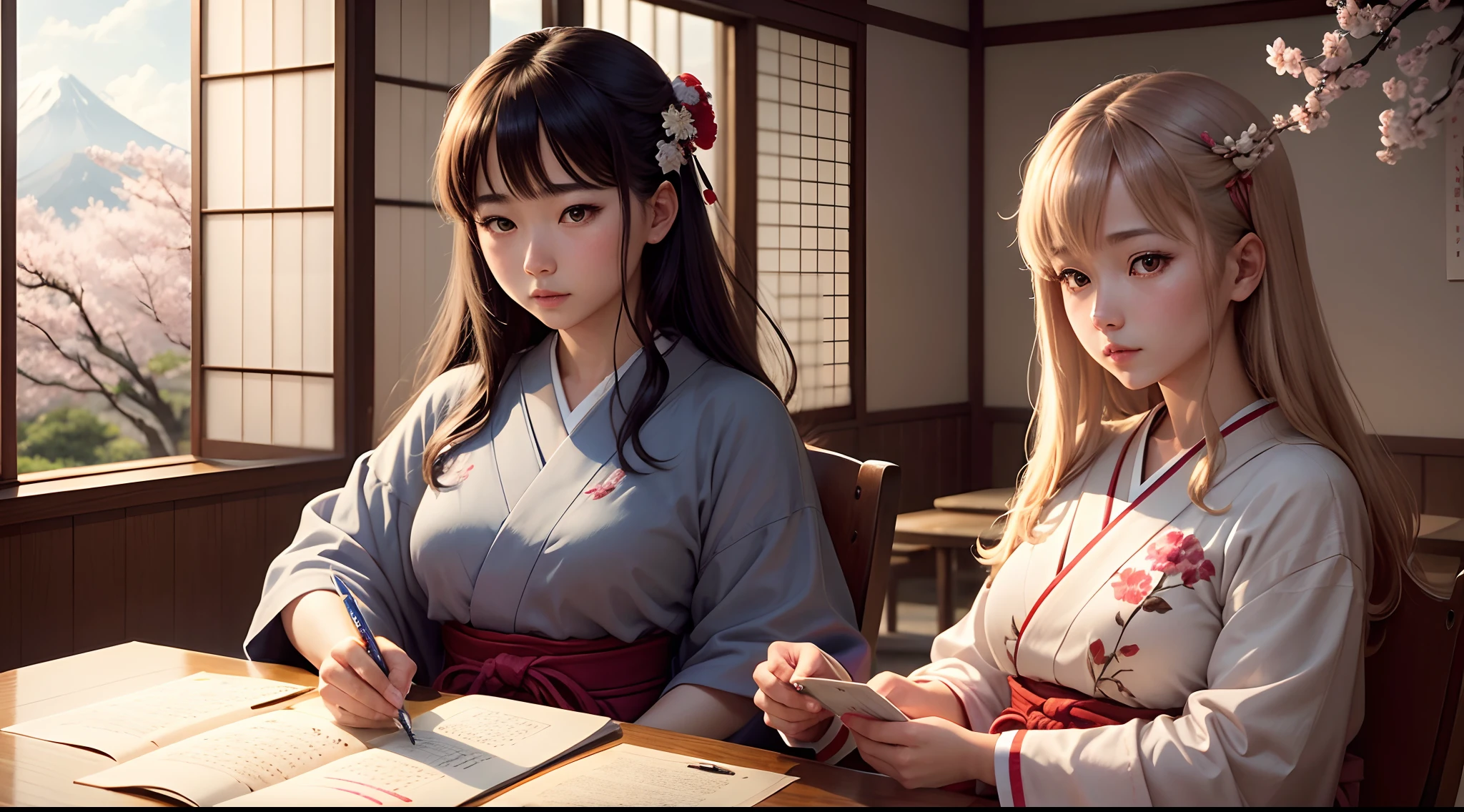 Learning japanese language, best quality,ultra-detailed,realistic:1.37,portrait,digital painting,colorful,soft lighting,japanese characters,beautiful detailed eyes,beautiful detailed lips,long hair,focused and determined expression,clean background,cultural immersion,traditional clothing,calligraphy brush,kanji,hiragana,katakana,language learning tools,notebook and pen,practice conversations,language exchange,language school,study abroad program,language proficiency,test preparation,reading manga,watching anime,listening to Japanese music,exploring Japanese food and culture,flashcards,vocabulary memorization,temples and shrines,Cherry blossoms,Mt. Fuji,traditional tea ceremony,sumo wrestling,J-pop,anime conventions,cosplay