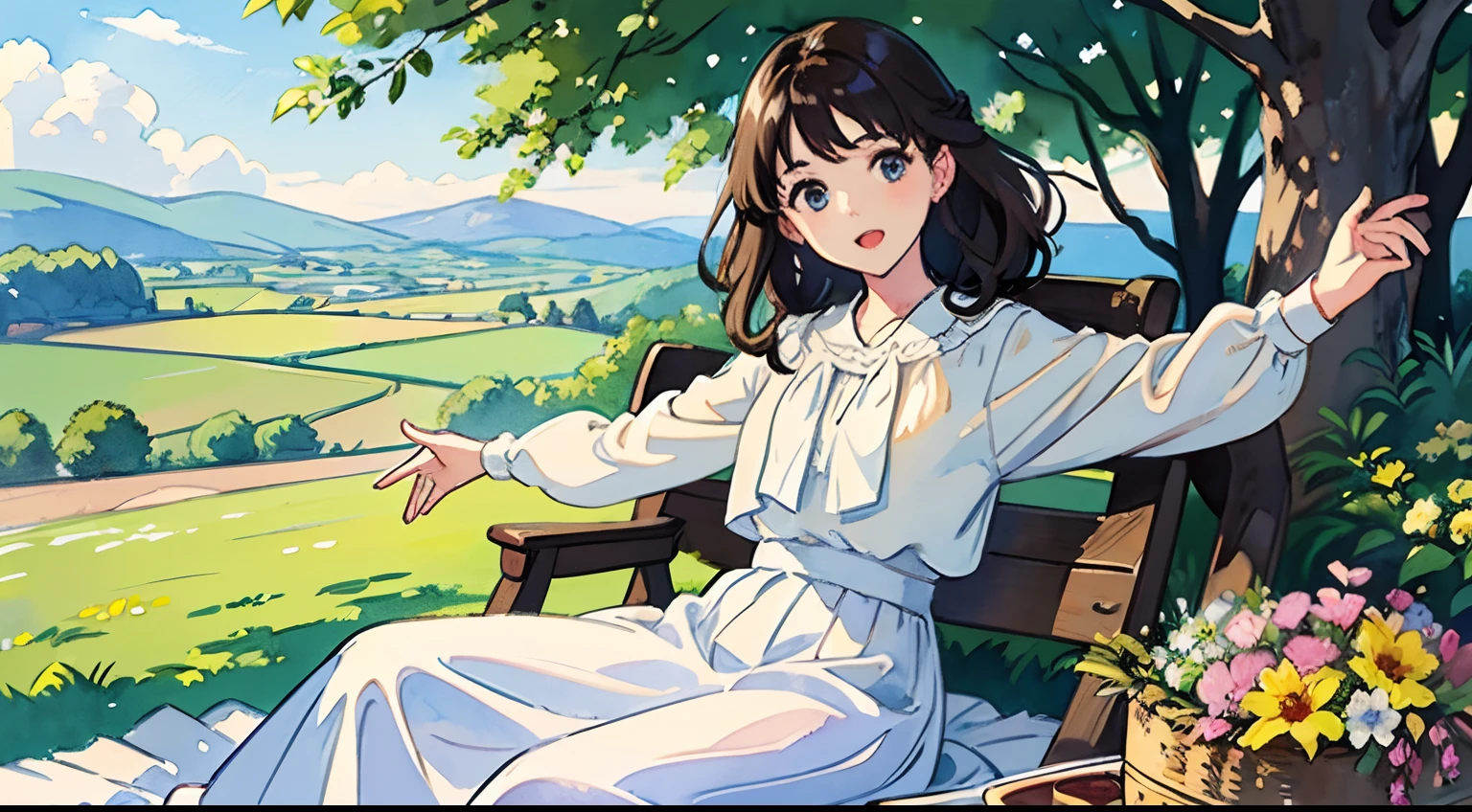 (Watercolor in Sargent style)、(top-quality、masterpiece)、Soft light、View of the Cotswolds,Old farmhouse、rivulets、flower bloom、One lady、dark brown hair、Braided hair、White blouse and long skirt、picnic、Sing happily alone on the hill、Open your mouth and open your hands like in an opera、