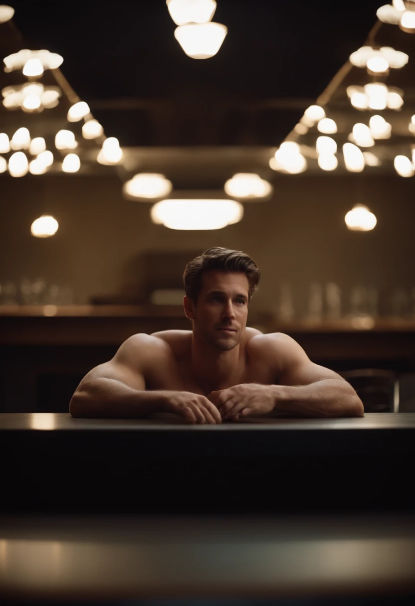 Buff 20 year old man naked in a sauna with a towel covering his groin. the man has shoulder length dark blonde hair. the sauna is steamy. the man has a charming smirk on his face