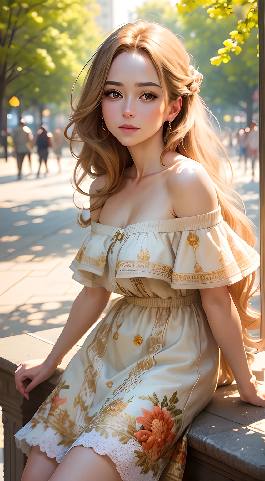 masterpiece, best quality, ultra detailed, whimsical beautiful lady wearing off shoulder, pose like a model, looking at the viewer, long golden hair, public park, sunlight, 8k, intricately detailed, painted by mark lague