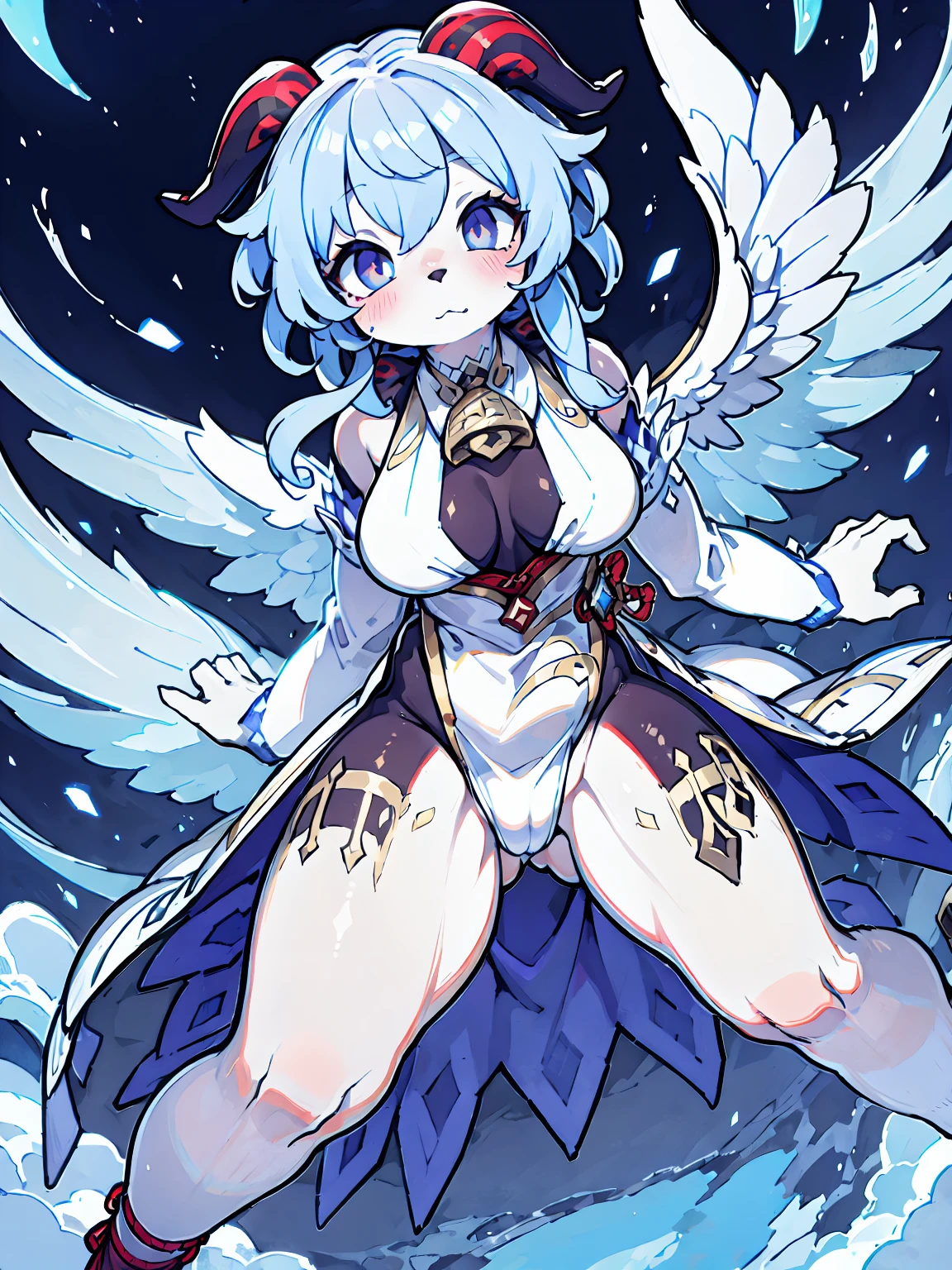furry, (ganyu \(genshin impact\)), twin horns, Blue hair, ridiculous resolution, high resolution, (masterpiece:1.4), super detailed, seen from above, sky, floating, angel flying with spread wings, shining vestments, exposed thighs --v 6