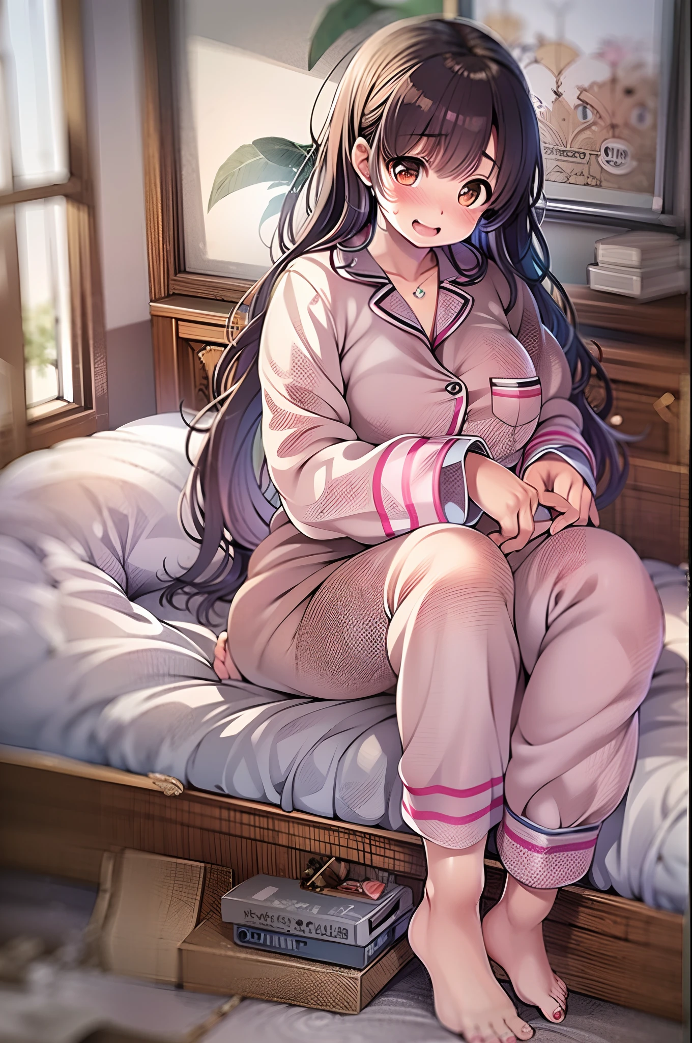 Best Quality, masutepiece, 超A high resolution, 8K, raw, (photographrealistic:1.4), Physically-based rendering, depth of fields, Look at viewers, slender, (Sitting:1.1), at bedroom, Detailed beautiful face, 1 girl, Cute, 年轻, nose blush, Big black eyes, Open mouth, tiny chest, Black hair, detailed clothes, (pajamas:1.3), No shoes ,pureerosface_v1,