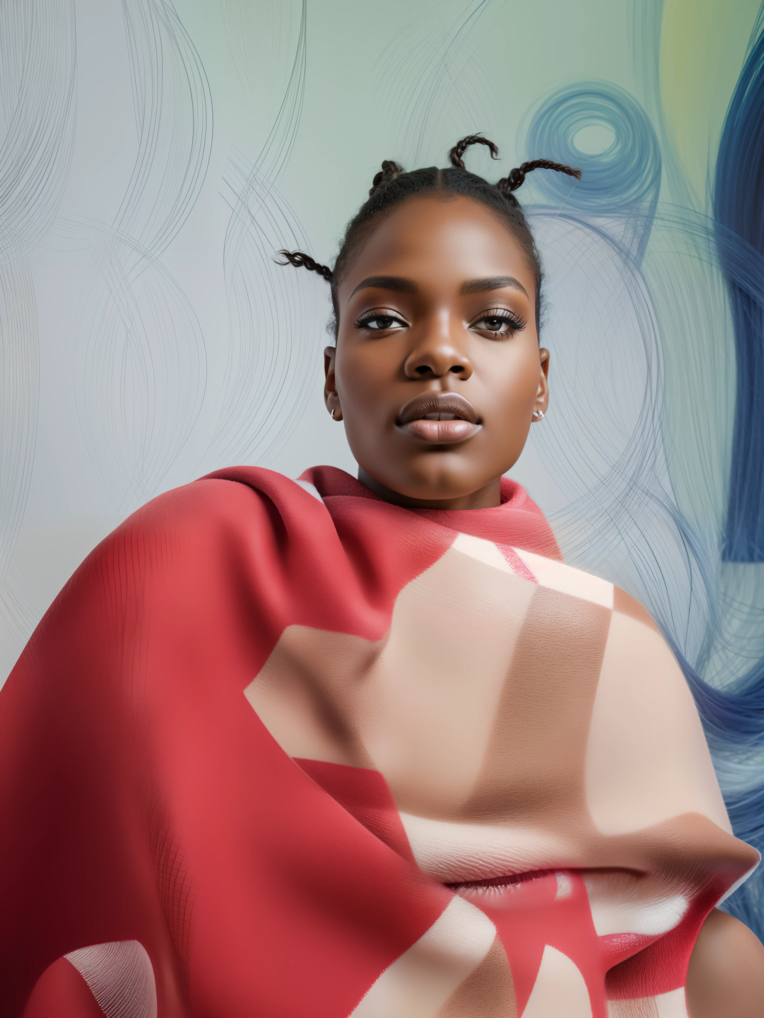 Produce a hyper-realistic portrait image featuring a ebony model in a serious yet seductive expression, captured in a frontal, medium close-up composition. Utilize a 35mm f5 lens to emphasize intricate details of the face and short, curly hair. The image should exude hyper-realism, showcasing the model's clean, makeup-free skin. Place the subject against a clean white background, illuminated by studio photography lighting for pristine clarity and contrast. This portrait should captivate viewers with its lifelike quality, drawing attention to the model's natural features and unique charm.