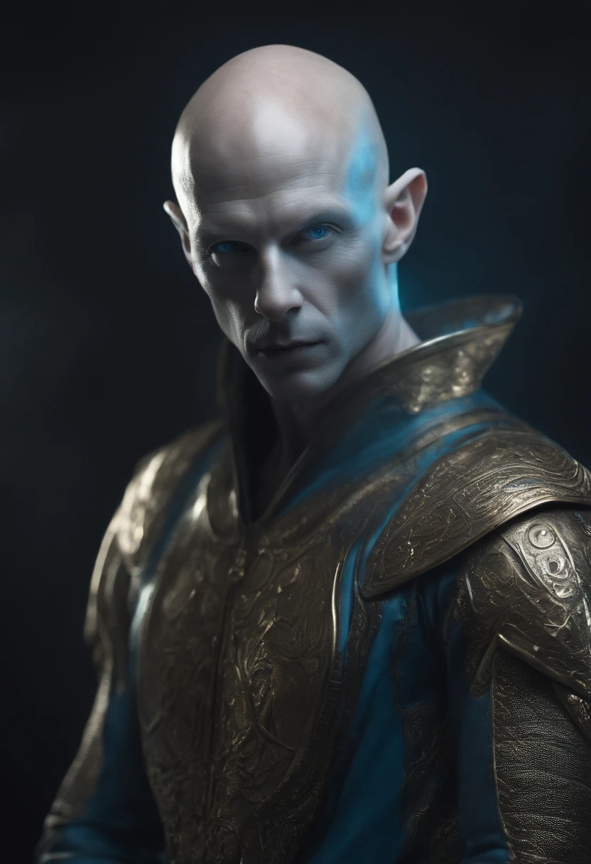 Bald alien man being half human hybrid half extraterrestrial he is from alfacenrauri, altura 2 m 95, Fino, in silver or blue overalls, em breve, Branco, Albino, Human ear and half-alien elf, angelic appearance;