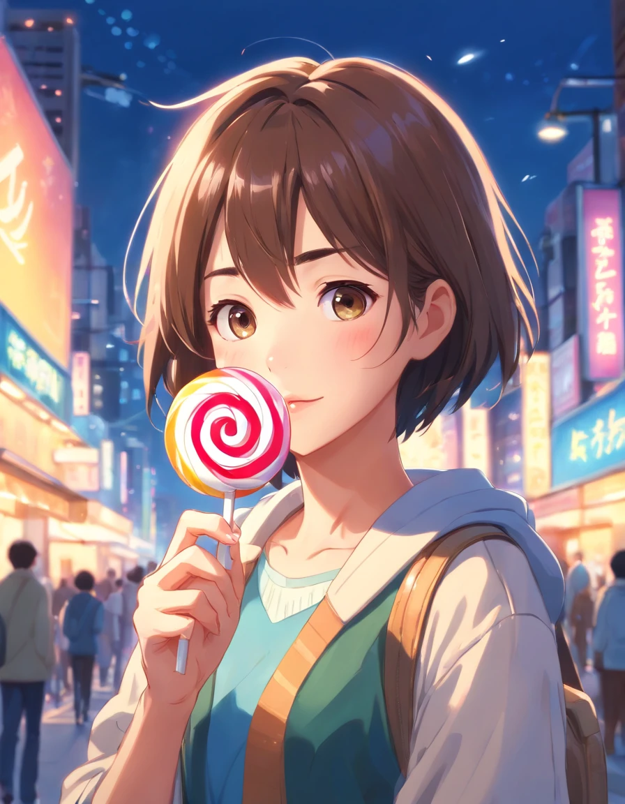(Best quality,Ultra-detailed,Realistic:1.37),A girl with short hair holds a lollipop to completely cover her face,illustration,Pastel colors,Stylized lighting,Bokeh