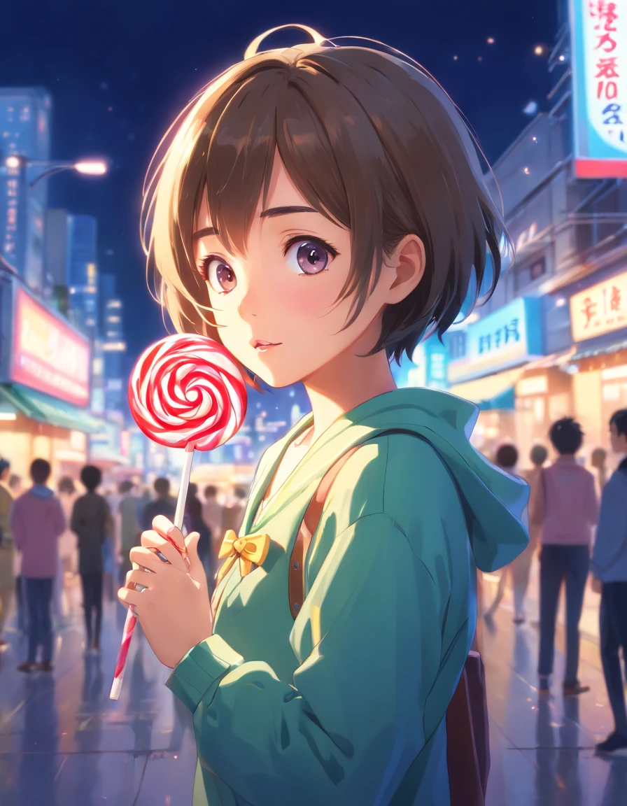 (Best quality,Ultra-detailed,Realistic:1.37),A girl with short hair holds a lollipop to completely cover her face,illustration,Pastel colors,Stylized lighting,Bokeh