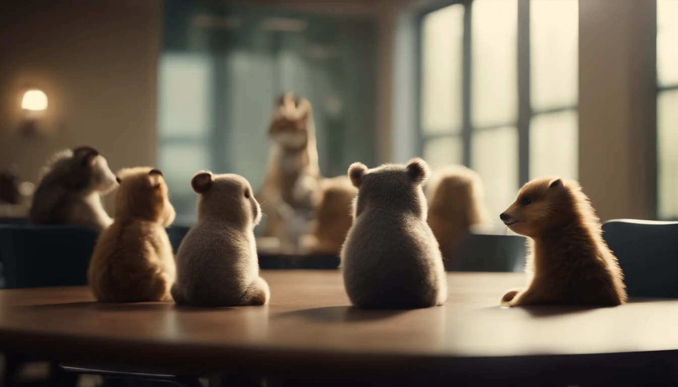 Cute animal gathering in a meeting room