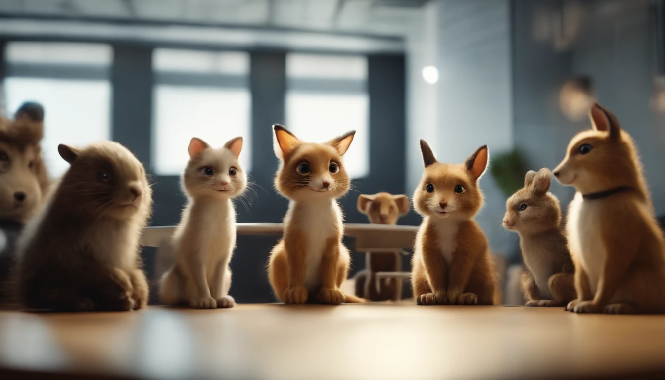 Cute animal gathering in a meeting room