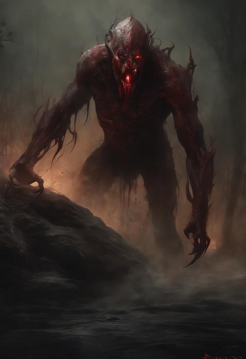 Drawing of a demonic creature with a bloody face and a bloody head, genocide, Science - Fiction Horror Art, Science Fiction Horror Artwork, inspired by Aleksi Briclot, Fangs of Carnage, horror fantasy art, by Alexis Bricklot, Horror concept art, veneno, Fantasy and horror art, Detailed illustration of 4K horror, demonic creatures, dark fantasy horror art