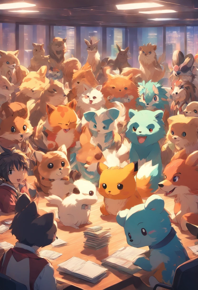Cute animal gathering in a meeting room