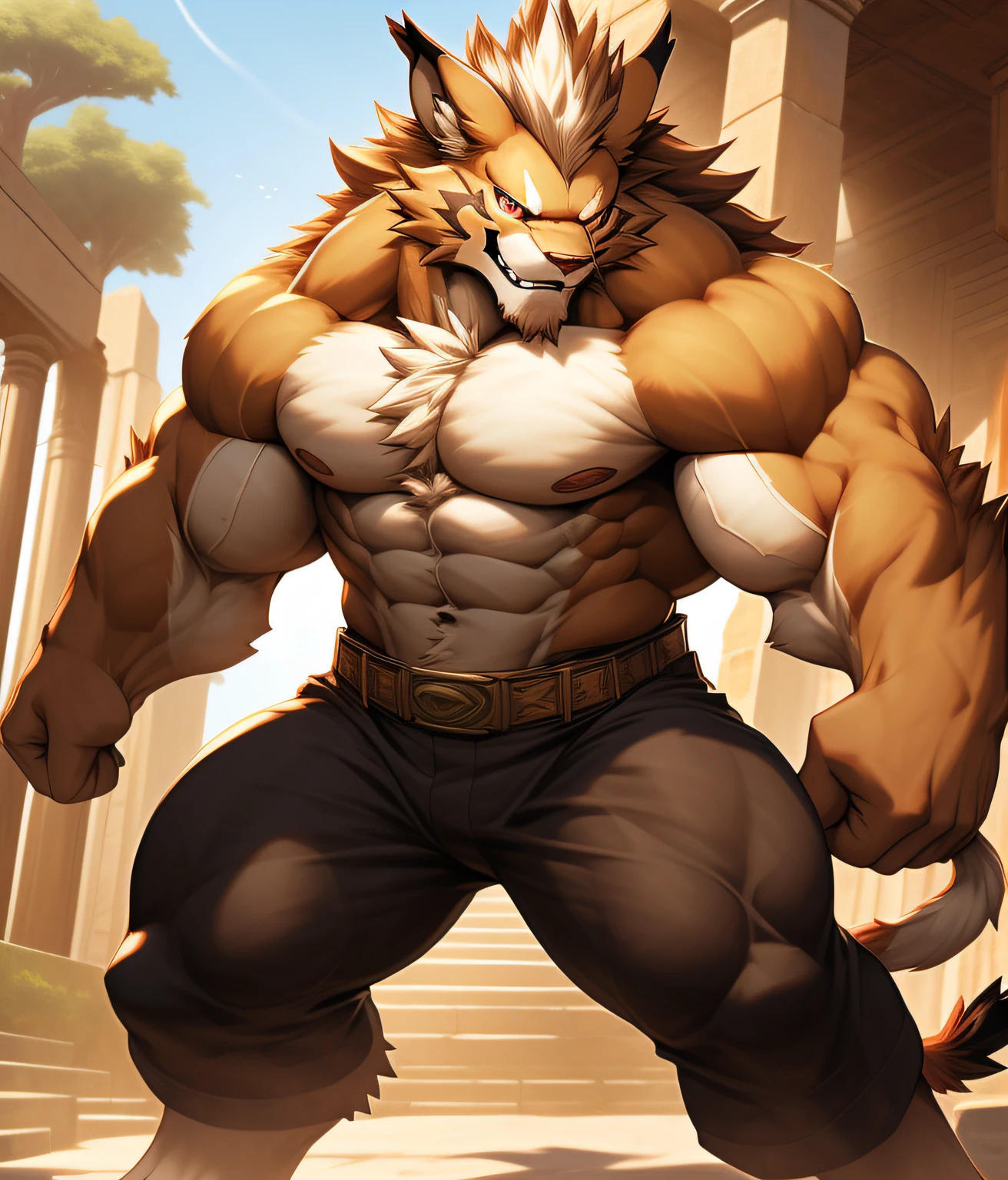 nj5furry, FRONT, (Leomon, massive, huge, young face, teen), Leomon, ((extremely realistic shadows, masterpiece, extremely detailed, photorealistic)), kemono, young, teen, ((16 years)), (((BROWN FUR))) Leomon, ((detailed face)) red nose, red eyes, ((detailed eyes)), smile, cheeky smile, mischievous expression, white teeth, mouth slightly open, red tongue, brown skin, brown fur, brown hair, height 3 meters high, the optimal height, tight clothing, body full of muscles; muscle pecs, ripped abs, V-shaped body, thick waist, long legs, strong arms manly, handsome face, attractive cool calm face type with a cold smile, topless. Ruins of a Jedi temple  behind him; wears a ery tight dark brown Jedi style pants revealing huge muscular thighs and a light brown cloth belt. double biceps pose, biceps, looking at viewer.