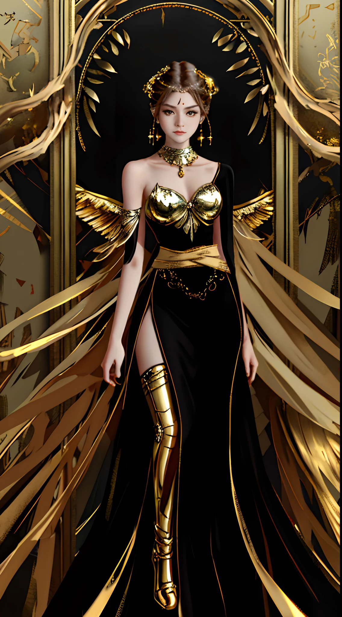 8K，Beautiful portrait with bright brown hair，Extremely beautiful，Perfect look，iintricate，ellegance，Highly meticulous，A majestic，Digital photography，Atkin and Nguyen Jia, and artistic surrealist paintings by Greg Rutkowski, Gold-plated phoenix gold thread edge，Gold-plated tulle ribbon，（Gilded decorations on clothes occupy most of the area，Gold combined with tulle），There are few garment fabrics，The clothes exposed most of the body，metallic  luster，（tmasterpiece，Sideslit，exquisite and beautiful eyes：1.2 ), Human Development Report,Gold tulle tights，Exposes the skin around the waist，Waist exposed，Chest penetration，Exposing the skin of the chest，Shoulders exposed，The expression is serious，