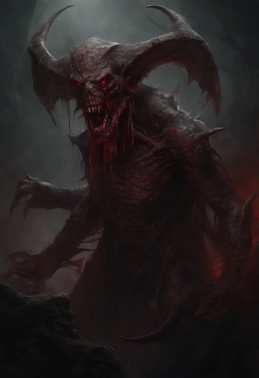 Drawing of a demonic creature with a bloody face and a bloody head, genocide, Science - Fiction Horror Art, Science Fiction Horror Artwork, inspired by Aleksi Briclot, Fangs of Carnage, horror fantasy art, by Alexis Brickott, Horror concept art, veneno, Fantasy and horror art, Detailed illustration of 4K horror, demonic creatures, dark fantasy horror art