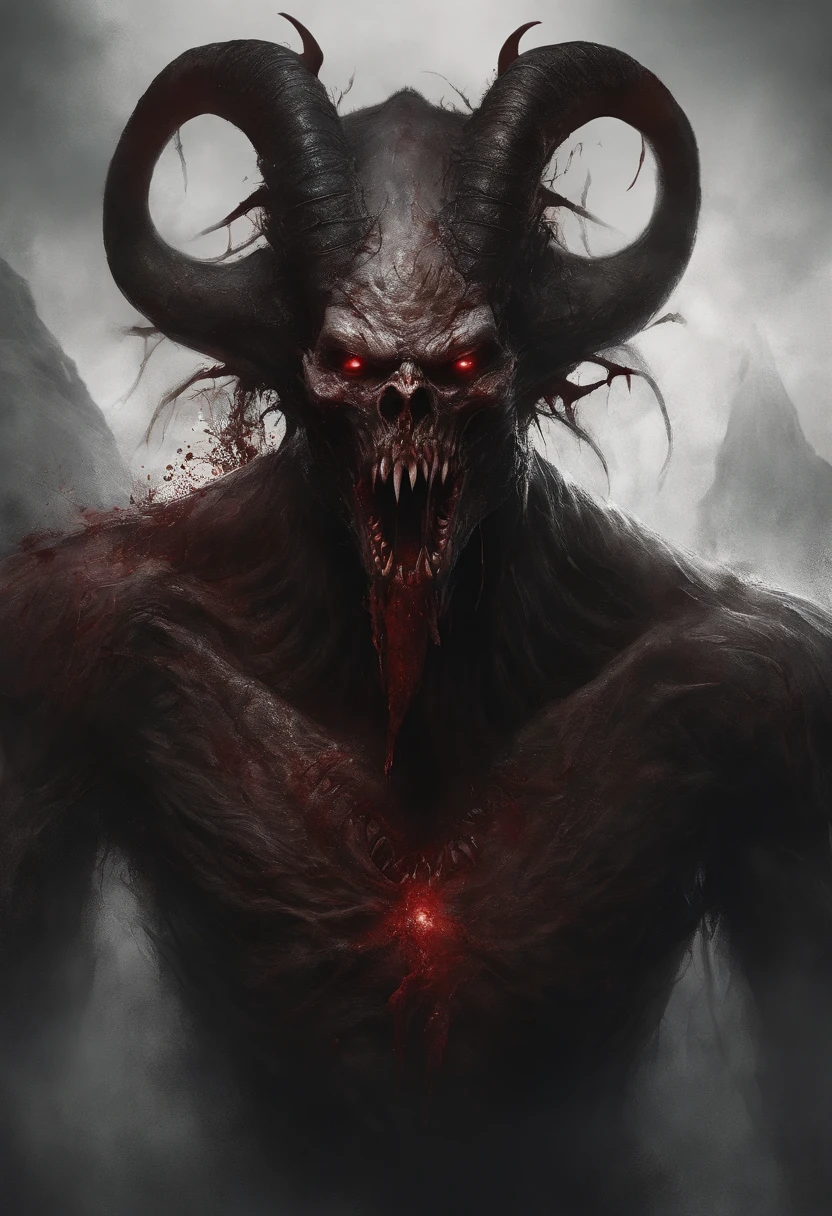 Drawing of a demonic creature with a bloody face and a bloody head, genocide, Science - Fiction Horror Art, Science Fiction Horror Artwork, inspired by Aleksi Briclot, Fangs of Carnage, horror fantasy art, by Alexis Brickott, Horror concept art, veneno, Fantasy and horror art, Detailed illustration of 4K horror, demonic creatures, dark fantasy horror art