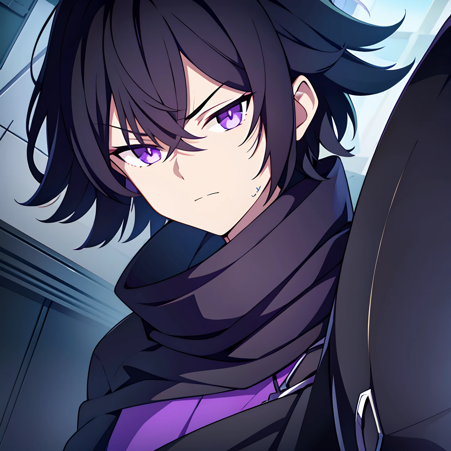 Black color hair,Boy with purple eyes,The expression is serious