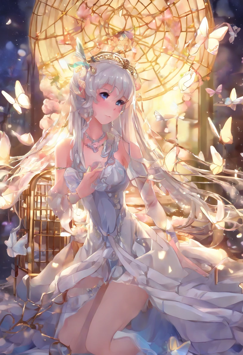 1girll, Planes, Planes, Animal, antennas, bangs, Bare_bshoulders, Barefoot, honeybee, Beetle, Bird, Bird cage, Blue_Butterfly, Breasts, Bugs, Butterfly, Butterfly_Hair_decorations, Butterfly_Net, Butterfly_On_hand, Butterfly_print, Butterfly_Wings, cage, Center_opening, cleavage, crystal, dragonfly, Fairy, Fairy_Wings, mitts, Glowing_Butterfly, Hair_decorations, hand_Net, insect_Wings, kashiwazaki_Year's on, Large_Breasts, Long_Hair, Looking_at_Animal, Looking_at_peeping at the viewer, navel, Night, Night_sky, origami, Paper_Crane, parted_Lips, purple_Eyes, Silk, Sitting, Solo, spider, spider_web, Star_\(sky\), Starry_sky, Very_Long_Hair, White_Butterfly, Wings, Yellow_Butterfly,White color hair,,Solemn,Noble,dream magical,Sick,shackle,Playing,control,(Autumn 2.0),Show love,Chains,binding,(Ahh.0),(There is an unknown white liquid on the lower body3.0),(Ass focus:2.0),(Wedding dress 3.0)