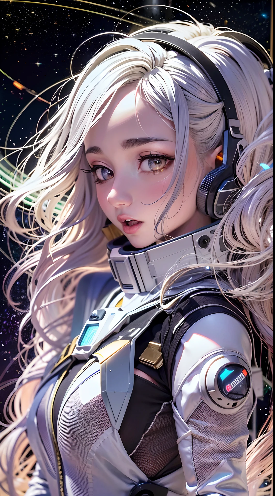 （tmasterpiece：1.2），best qualtiy，In space，（nigh sky，medium lenght hair：1.2），（illustratio：1.2），lindo cenario，dreads，（Elaborate luminescence，lens flare glow），（Hyper-detailing），Hyper-detailing，（exquisitedetails），（complexdetails），（Movie light，Best quality backlight），清晰的线条，New world，peeping at the viewer，Solo Woman，（Space Girl，the space），Oriental women，The girl looks like a Chinese movie star，Solo Woman，Perfect body，Beautiful 16 year old girl，（1girll），（Bright bioluminescent hair，bright glowing eyes），（galaxias，Alien planet），（Astronaut wearing sexy futuristic style white fitted spacesuit：1.1），The material of the spacesuit is light and thin，Latex tight spacesuit，The chest of the spacesuit shows the starry sky，Slightly closed eyes，（cyber punk perssonage），（dyna：1.3），（putting makeup on）），hight contrast，（The best lighting，Extremely refined and beautiful），（（Movie Moonlight）），Extremely colorful，（（Photoshop Pastel Painting：1.1）），aethereal，（Movie Masterpiece），suspense，Funk，（Starskrim），splash of color，absolutly eye-catching，（（Caustics）），dynamic angle，big breasts beautiful（detailed glow），（spine-chilling），（Intricate movie scenes behind it：1.2），Environmental occlusion， （Ambient moonshine）， ray-traced reflection， intricately detailed visible background ， （Glowing spacesuit）， terroral， （Bioluminescent vegetation：1.2）， terroral， uneasy， A futuristic， terroral， （Hologram head-up display）， （Delicate Great Comet）