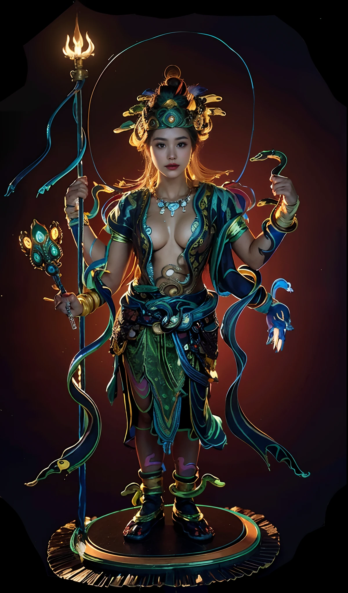 offcial art, (Extremely detailed Cg Unity 8K wallpaper),In the mountains, 1girll,chiquita,kiddy big breasts,flatchest(Human smugglers),(The union of man and snake),Behind the head is a rainbow circle,火焰,Solo, Ancient tiger skin skirt, complex pattern, tiger skin skirt, Snake decoration, Peacock fan in hand, arma, shaded_face, contempt, Pretty big breasts, (Photorealistic:1.4), (Masterpiece), (Best quality:1.2),Light and shadow tracking,Super HD