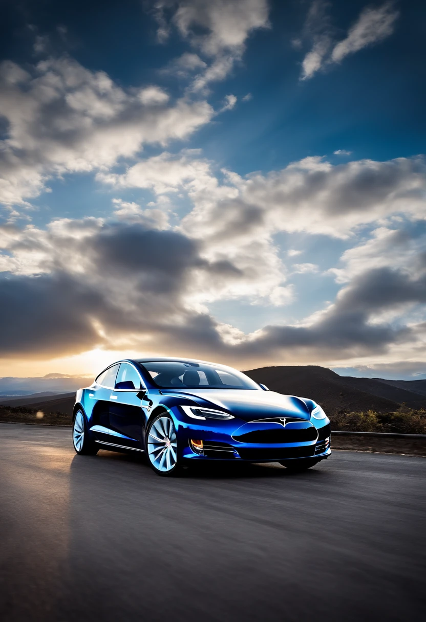 Blue sky and white clouds in background, Tesla 3 body, Tesla logo, Tesla wheels, Drive on the road, Side, Ultra HD, High quality, High detail, Best quality, high resolution, 4K, Masterpiece, Complementary colors, Poster effect, kanon, Atmospheric distance