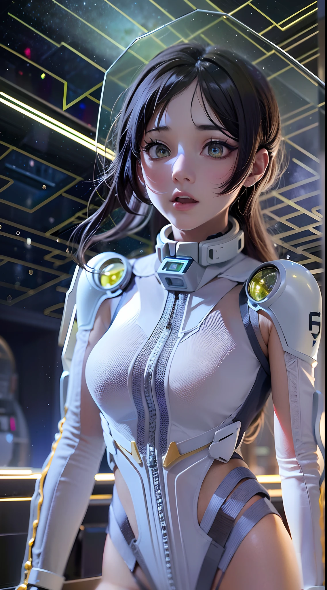 (tmasterpiece:1.2),best qualtiy,In space,(nigh sky,medium lenght hair:1.2),(illustratio:1.2),lindo cenario,dreads,(Elaborate luminescence,lens flare glow),(Hyper-detailing),Hyper-detailing,(exquisitedetails),(complexdetails),(Movie light,Best quality backlight),清晰的线条,New world,peeping at the viewer,Solo Woman,(Space Girl,the space),Oriental women,The girl looks like a Chinese movie star,Solo Woman,Perfect body,Beautiful 16 year old girl,(1girll),(Bright bioluminescent hair,bright glowing eyes),(galaxias,Alien planet),(Astronaut wearing sexy futuristic style white fitted spacesuit:1.1),The material of the spacesuit is light and thin,Latex tight spacesuit,The chest of the spacesuit shows the starry sky,Slightly closed eyes,(cyber punk perssonage),(dyna:1.3),(putting makeup on)),hight contrast,(The best lighting,Extremely refined and beautiful),((Movie Moonlight)),Extremely colorful,((Photoshop Pastel Painting:1.1)),aethereal,(Movie Masterpiece),suspense,Funk,(Starskrim),splash of color,absolutly eye-catching,((Caustics)),dynamic angle,big breasts beautiful(detailed glow),(spine-chilling),(Intricate movie scenes behind it:1.2),Environmental occlusion, (Ambient moonshine), ray-traced reflection, intricately detailed visible background , (Glowing spacesuit), terroral, (Bioluminescent vegetation:1.2), terroral, uneasy, A futuristic, terroral, (Hologram head-up display), (Delicate Great Comet)
