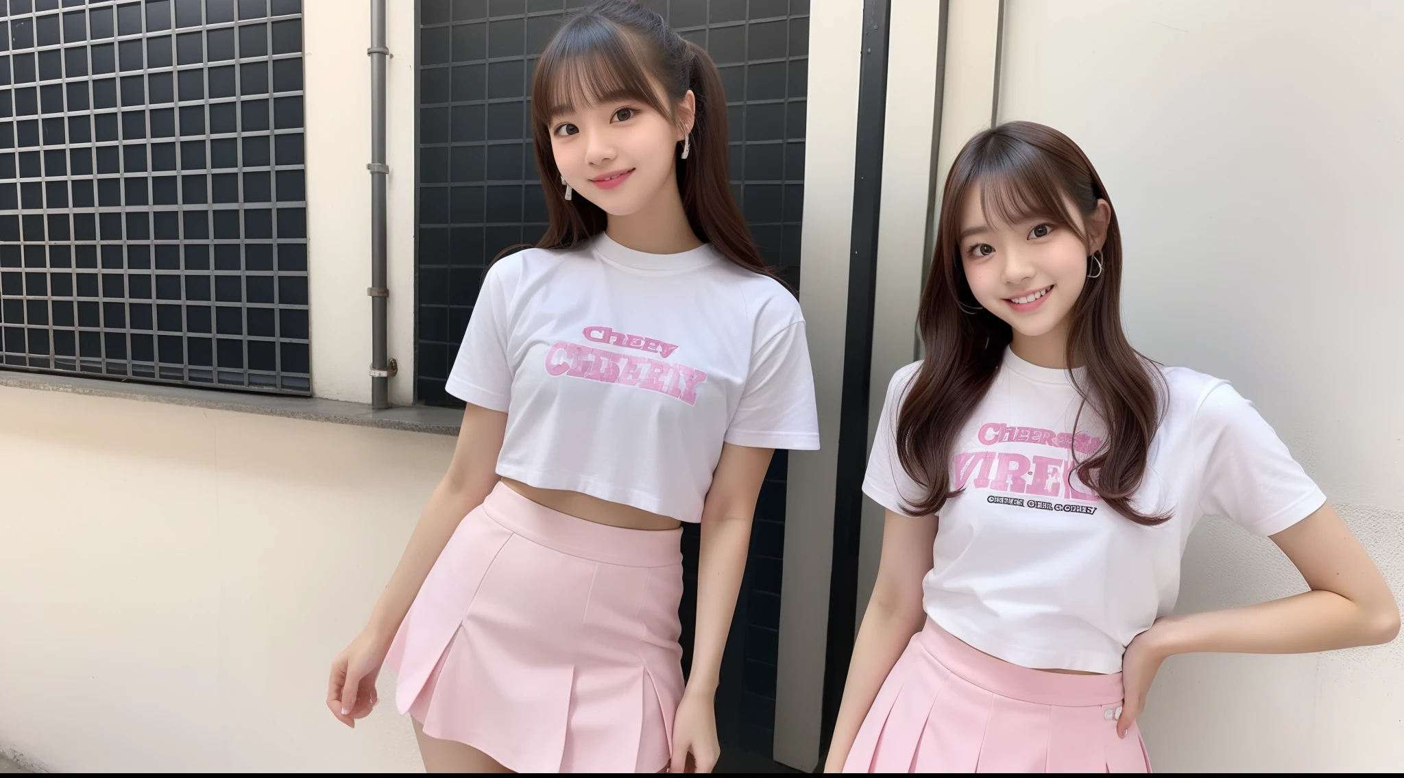 Cheergirl 18 years old in pink mini skirt and white tee shirt