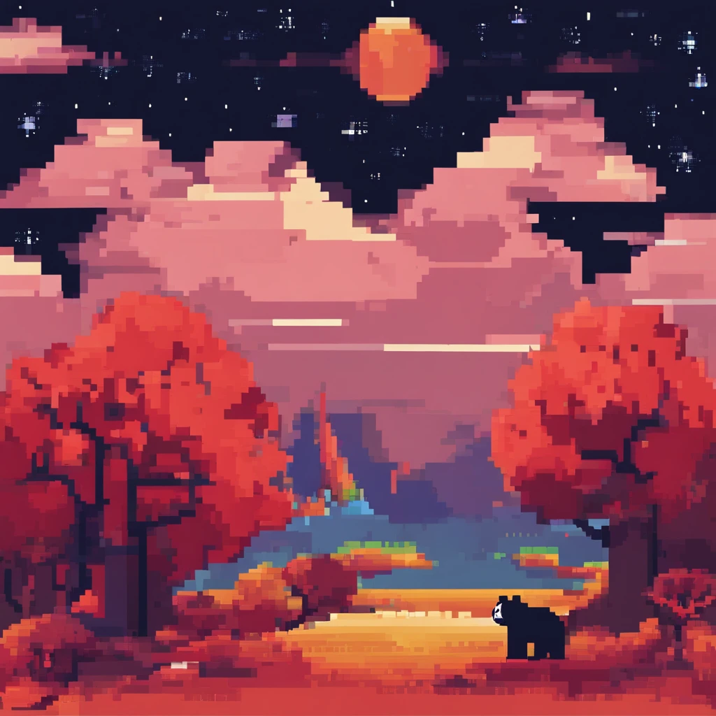 cielo estrellado con nubes arboles luna de colores calidos con un oso panda rojo marron de protagonista