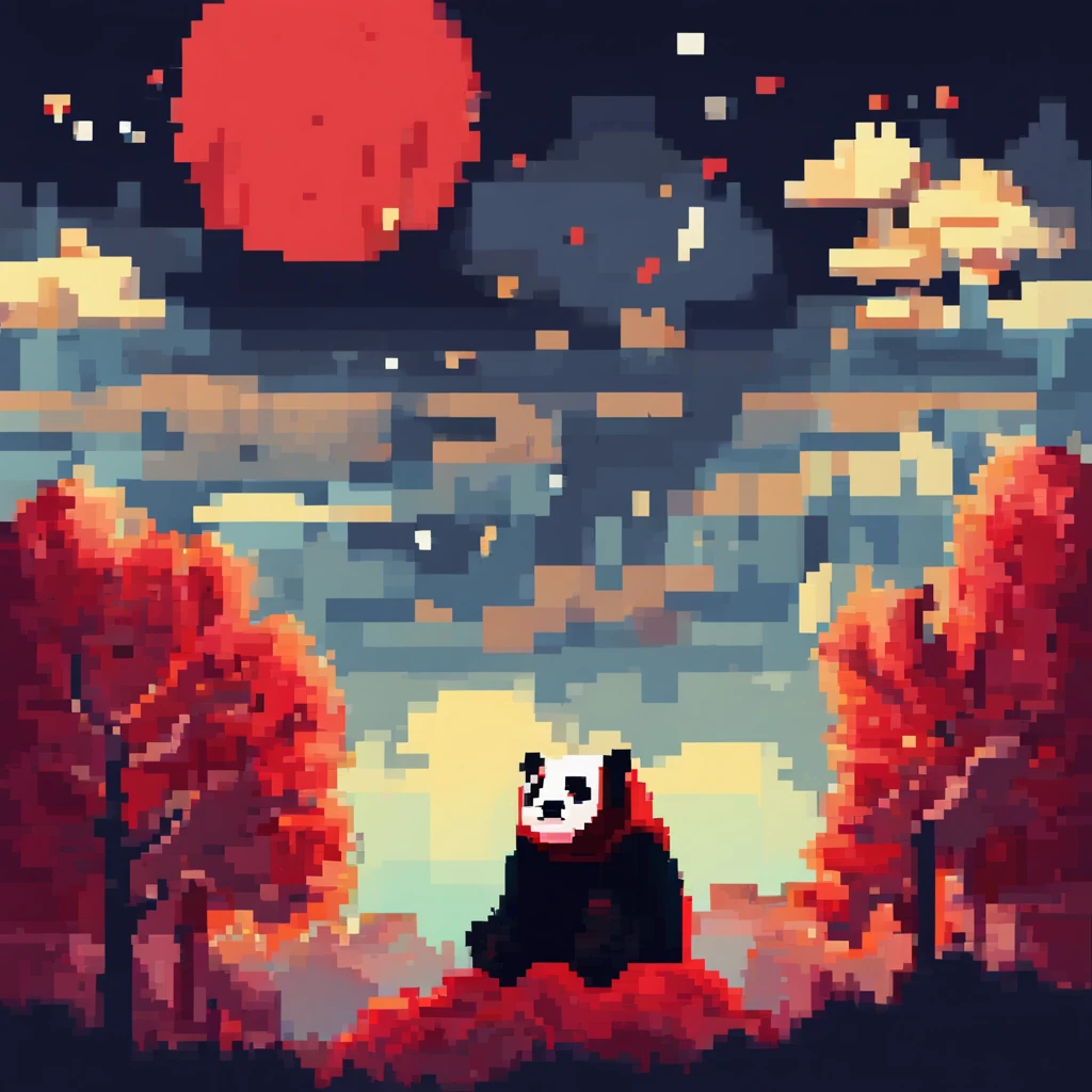 cielo estrellado con nubes arboles luna de colores calidos con un oso panda rojo marron de protagonista