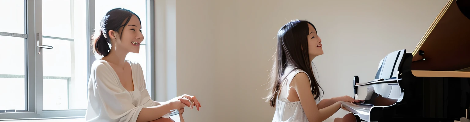 morning brightly lit room white walls Girl playing grand piano Piano teacher sitting next to me and smiling