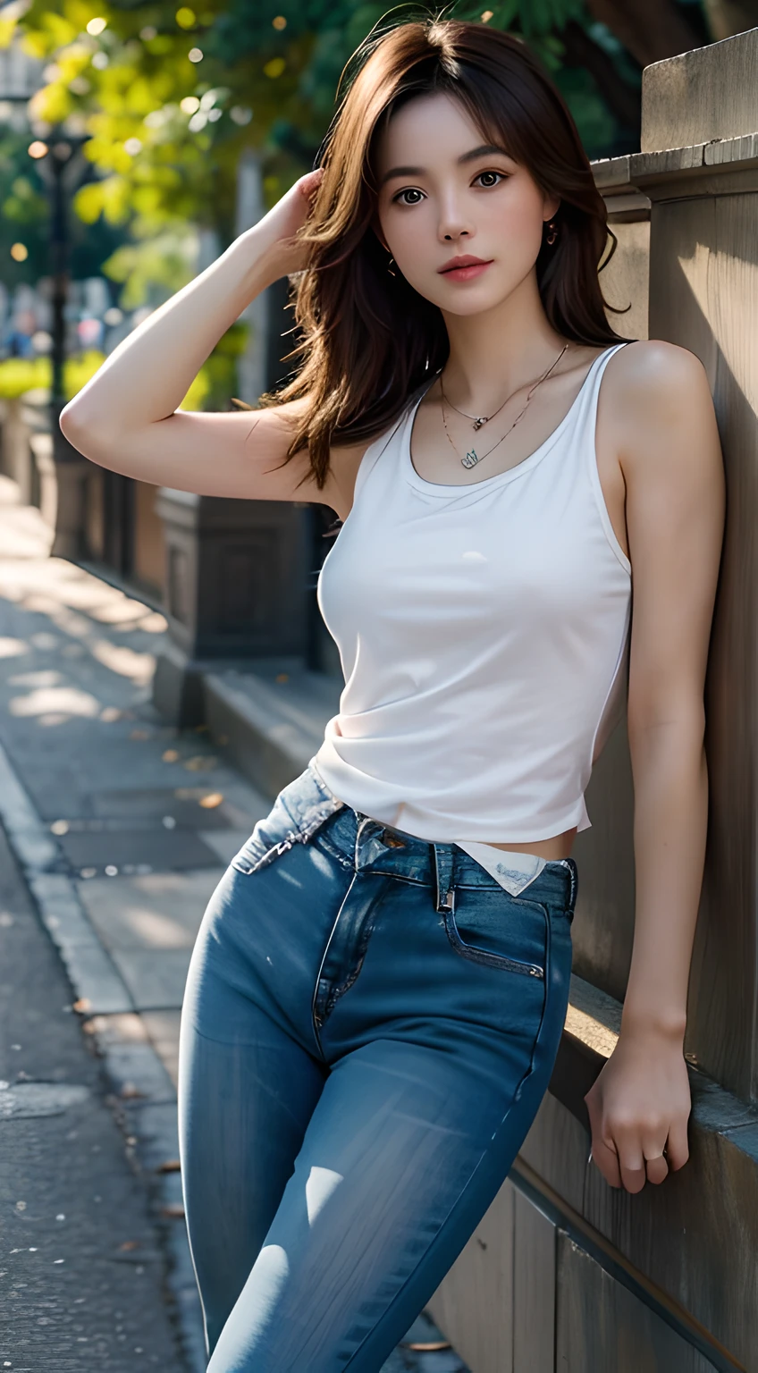 masterpiece, best quality, ultra detailed, whimsical beautiful lady wearing relaxed fit tank top, well fitting jeans, classic white sneakers, a pendant necklace, pose like a model, looking at the viewer, long light brown hair, public park, sunlight, 8k, intricately detailed, painting by mark lague