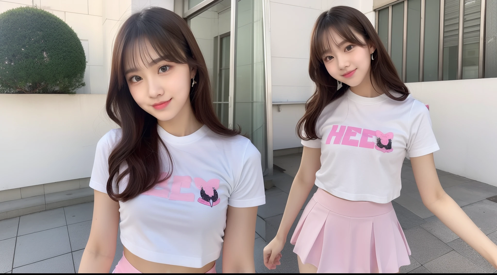 Cheergirl 18 years old in pink mini skirt and white tee shirt