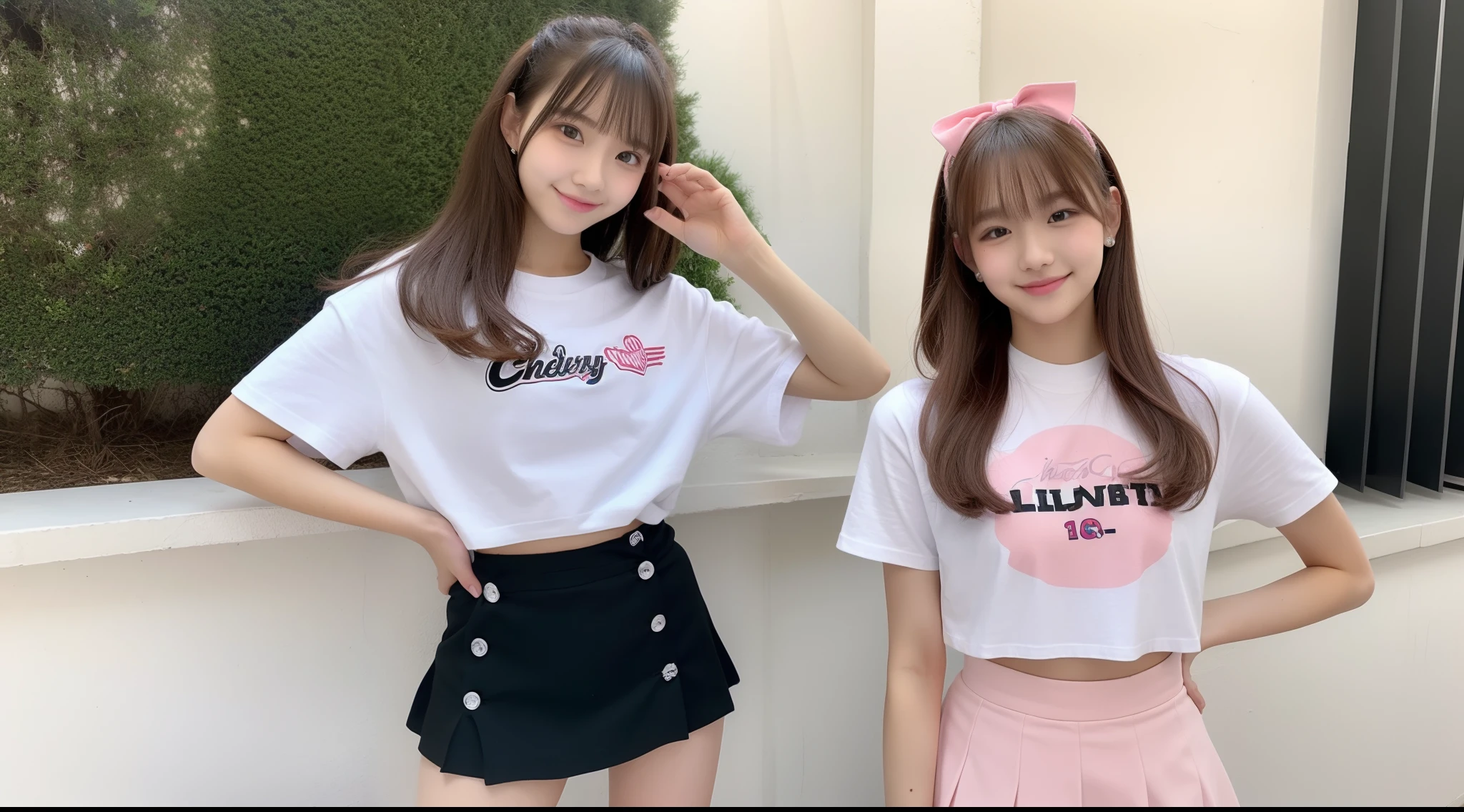 Cheergirl 18 years old in pink mini skirt and white tee shirt