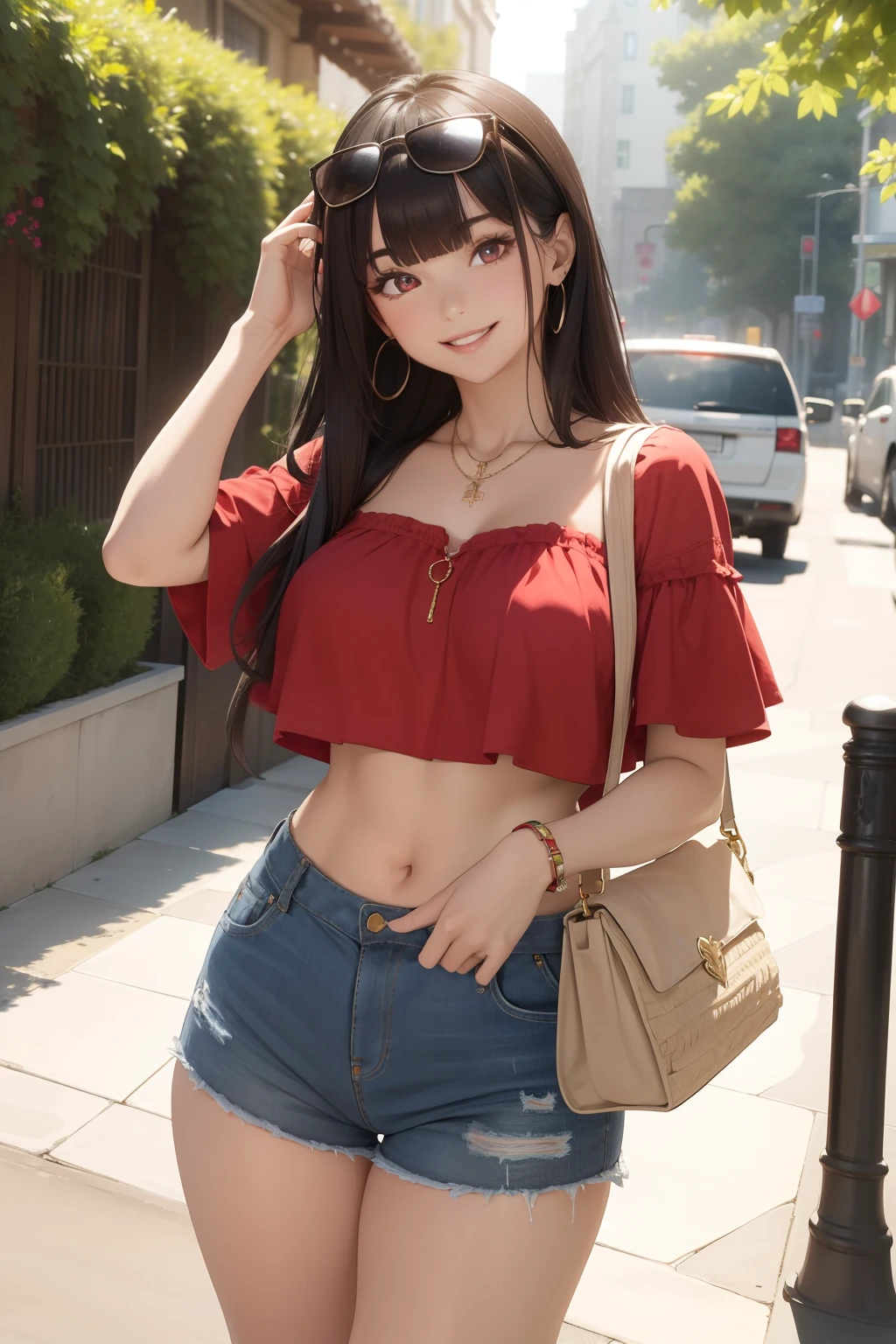 (masterpiece, best quality, ultra-detailed, 8k, wallpaper, photorealistic), (wide shot), beautiful girl, voluptuous body, perfect hands, (hmjy1), long straight hair, (blunt bangs), red eyes, psycho smile, excited smile, open mouth, erotic face, red face, bloodthirsty smile, (wear High-Waisted Denim Shorts, Crop Top), Espadrille Wedges, Layered Necklaces, Crossbody Bag, Sunglasses on her head