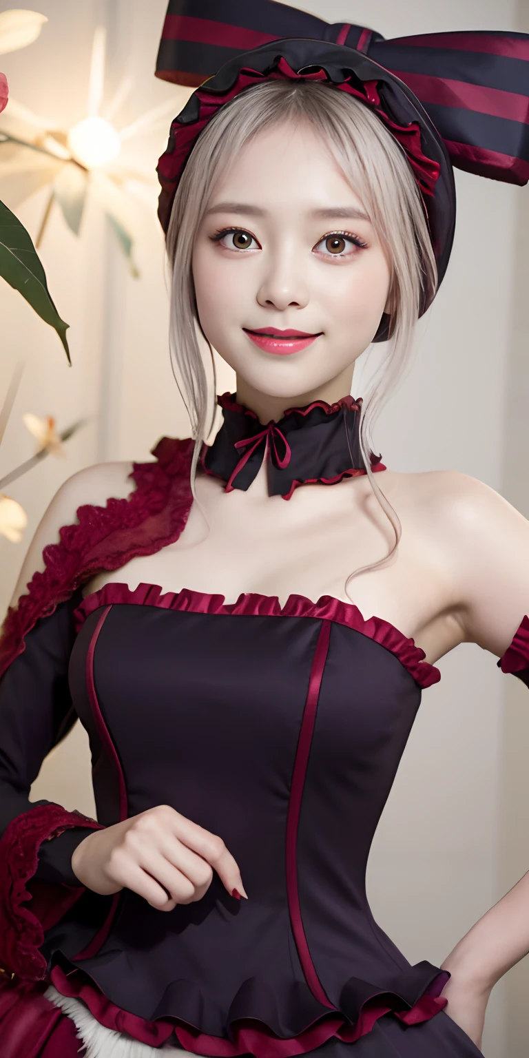 , top-quality, ShalltearV4, 1girl in, 独奏, doress, frilld, the bow, Hair Bow, tusk, Bewitching smile, pale-skinned, Shines, radiant eyes, portraitures,Complete body,double tooth,Red Eyes.