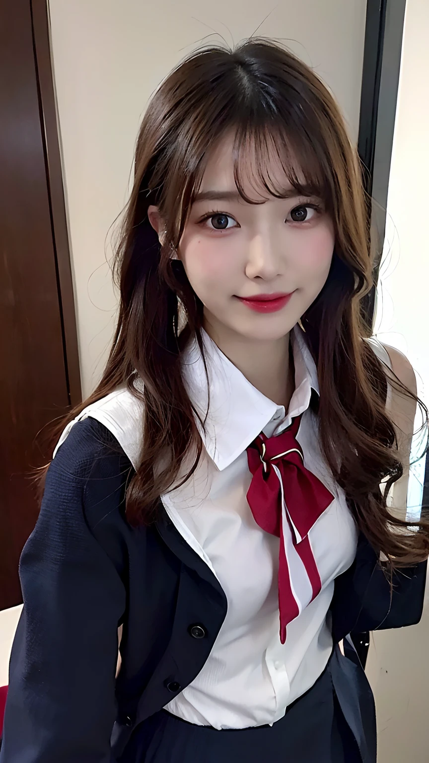 (masterpiece:1.3), (8K, Photorealsitic, Raw photography, Top image quality: 1.4), Japan high school girls、(Random hairstyles:1.2)、(small tits:1.3)、Super Detail Face、Eye of Detail、二重まぶた、foco nítido:1.2、prety woman:1.4、light brown hair、top-quality、masterpiece、超A high resolution、(Photorealsitic:1.4)、very detailed and professional lighting、slender、A smile、(High school uniform:1.8)、(eye line:1.5)、The shape of the nipple is protruding、(Looking at the camera)