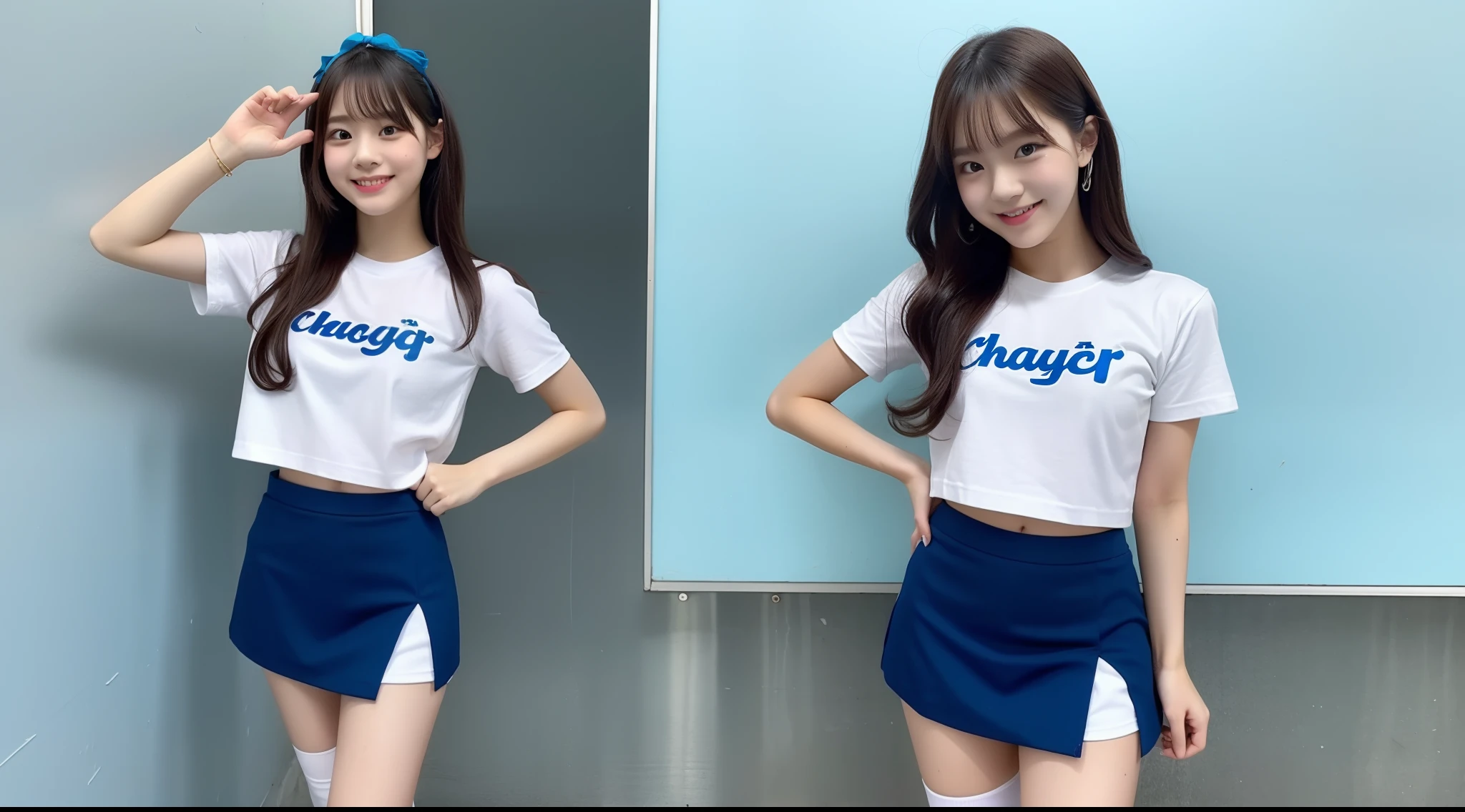 Cheergirl 18 years old wearing light blue mini skirt
