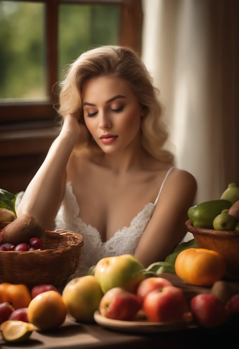 (best quality,4k,8k,highres,masterpiece:1.2),ultra-detailed,(realistic,photorealistic,photo-realistic:1.37),HDR,UHD,studio lighting,ultra-fine painting,sharp focus,physically-based rendering,extreme detail description,professional,vivid colors,bokeh,portraits,landscape
A nude, 36 year old blonde woman lying on her back with her eyes closed, her head resting gently on a soft pillow. Her face is serene, with beautiful detailed lips and long eyelashes that cast delicate shadows on her flawless skin. The light from the studio lighting bathes her face, creating a soft and ethereal glow.
The woman is lying on a wooden kitchen table, covered with a crisp white tablecloth. The tablecloth has intricate embroidered details, adding a touch of elegance to the scene. The table is positioned next to a large window that provides a panoramic view of a stunning landscape. The soft rays of the golden sunlight stream through the window, casting a warm and soothing glow on the woman's body.
Surrounding the table, there are various fruits and vegetables meticulously arranged in a vibrant and colorful still life composition. The vivid colors of the fruits create a striking contrast against the white tablecloth and enhance the overall vibrancy of the scene. The attention to detail in the ultra-fine painting of the fruits and vegetables is remarkable, capturing every subtle texture and shade.
In the background, the kitchen is filled with the aroma of freshly baked bread. The aroma wafts through the air, evoking a sense of warmth and comfort. The kitchen is equipped with state-of-the-art appliances and showcases a sleek and modern design. The countertops are made of polished marble, reflecting the soft light from the window and adding a touch of luxury to the surroundings.