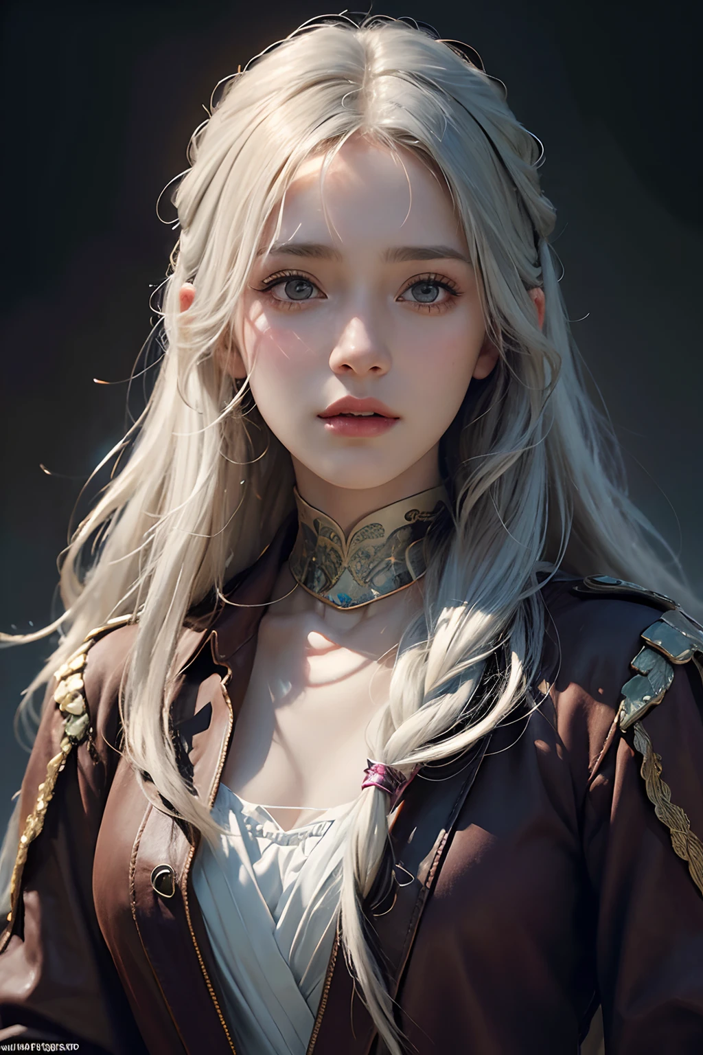 Hyperrealist portrait of female by david hockney and alphonse mucha,fantasy art, photo realistic, dynamic lighting, artstation, poster, volumetric lighting, very detailed faces, 4 k, award winning,, 1girl, in the dark, deep shadow, low key,cowboy shot,(official clothing:1.4) ,long hair,white hair,