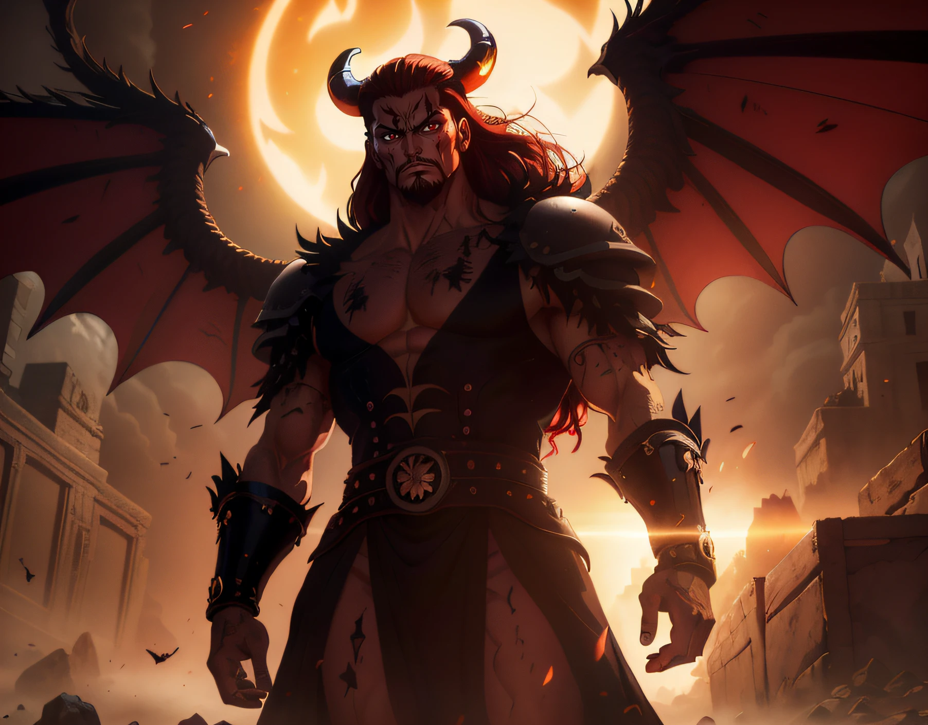 ojos rojos intensos, square and prominent jaw, high cheekbones, mirada regia y desafiante, traits sculpted by anger and determination, joven, ojos chispeantes de venganza, cabello negro y desordenado que cae sobre su frente y hombros, Crimson tuft on forehead.