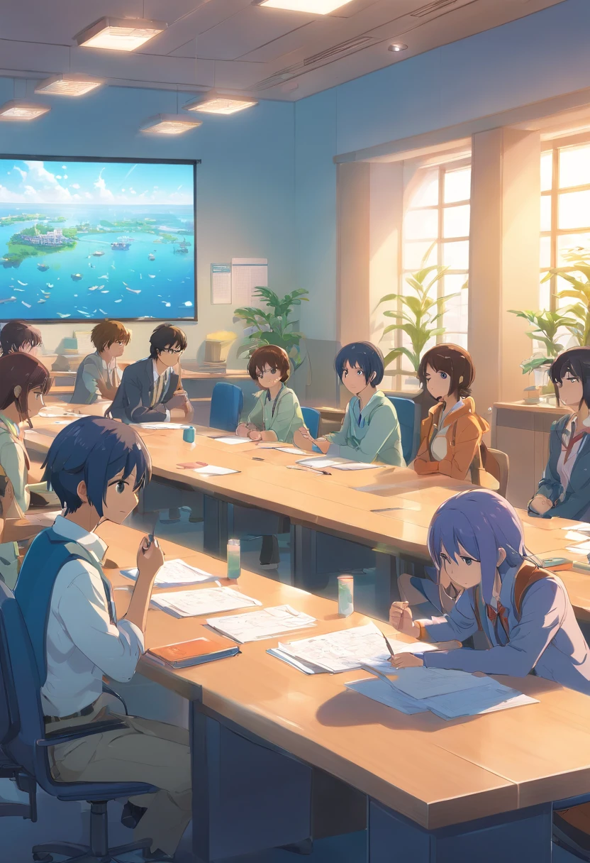 Cute animal gathering in a meeting room