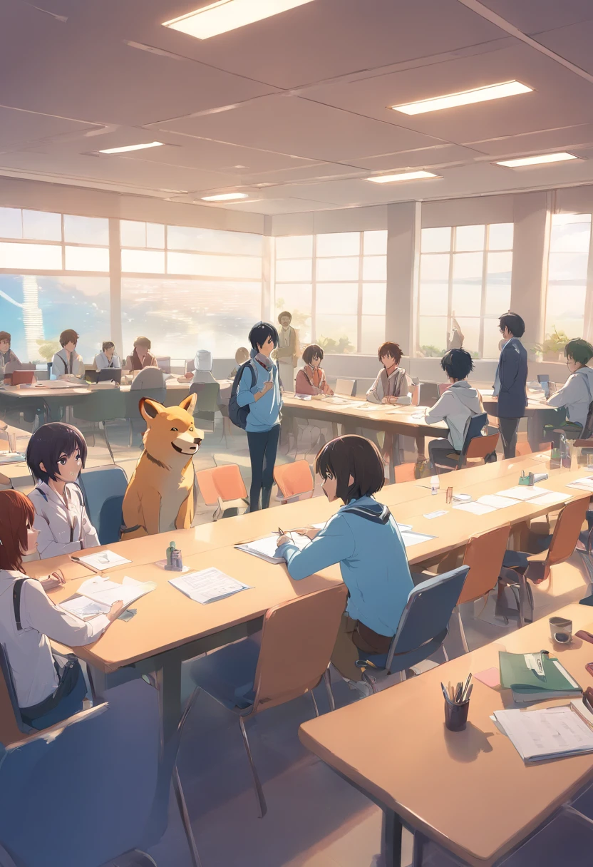 Cute animal gathering in a meeting room