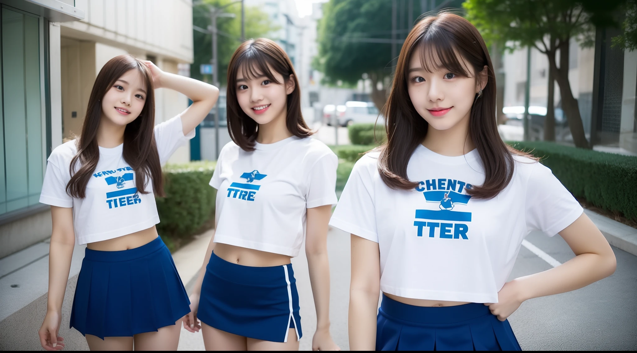 Cheergirl in blue mini skirt and white tee shirt 18 years old