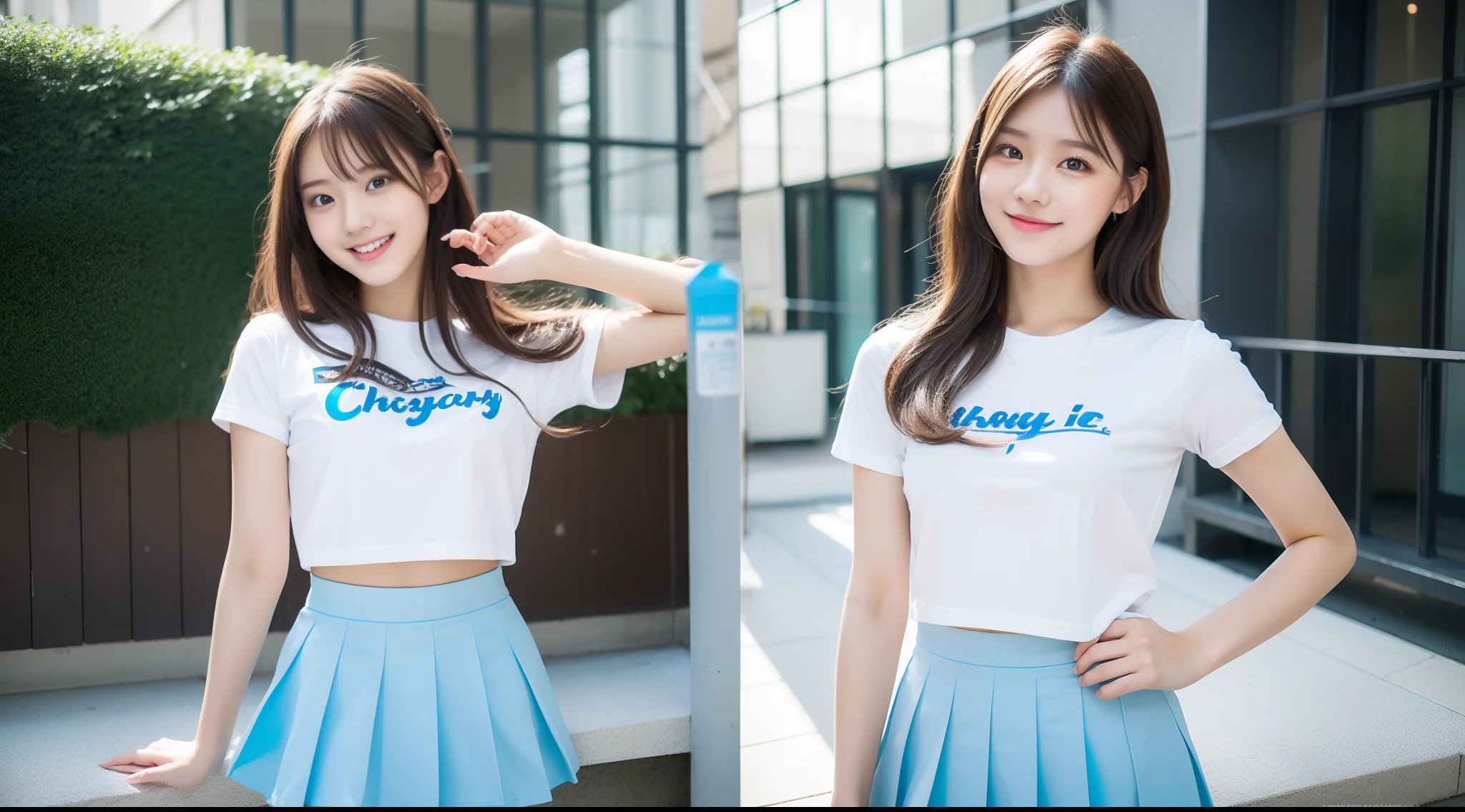 Cheergirl 18 years old in white tee shirt and light blue mini skirt