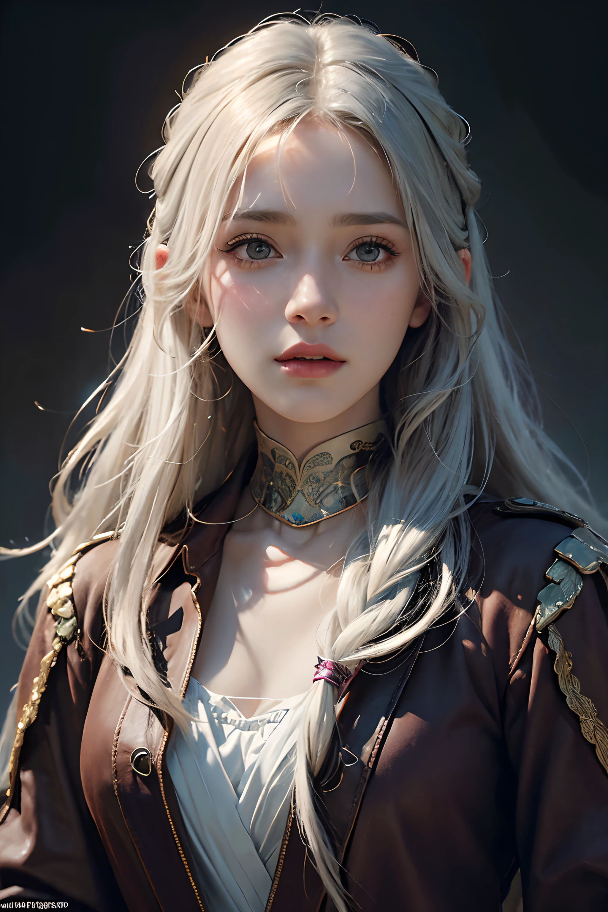 Hyperrealist portrait of female by david hockney and alphonse mucha,fantasy art, photo realistic, dynamic lighting, artstation, poster, volumetric lighting, very detailed faces, 4 k, award winning,, 1girl, in the dark, deep shadow, low key,cowboy shot,(official clothing:1.4) ,long hair,white hair,