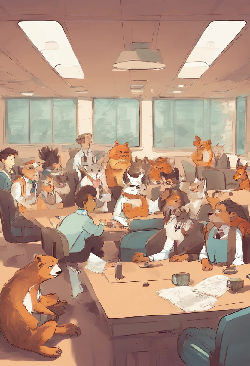Cute animal gathering in a meeting room