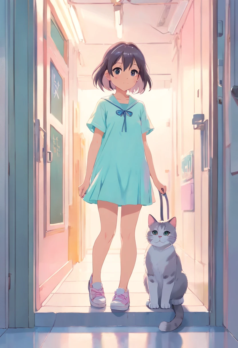 cat, fullbody,1 girl,
(pastel color:1.5),(cute illustration:1.5),(watercolor:1.2),white back ground,