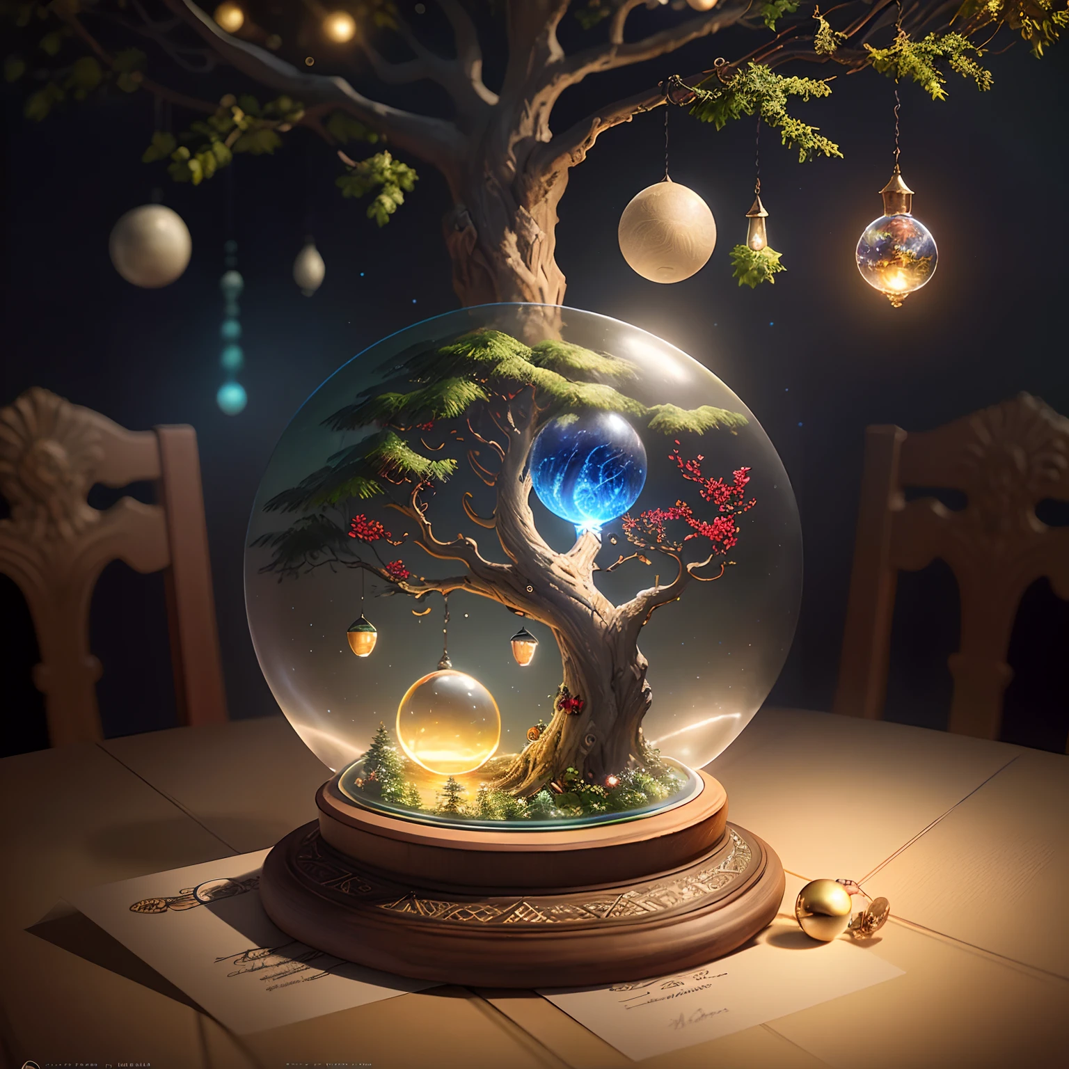 Postcard with a glass sphere containing a mystical tree emitting music, many beautiful spectral lights, oil painting, high detail, fine details in relief, art style, rendering octane, current in Artstation, high studio lighting, high detail, codex seraphinianus